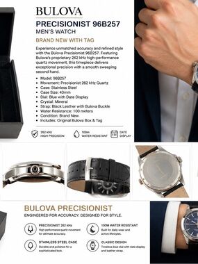 Bulova Precisionist Men’s Watch - Blue Dial, Black Leather Strap
